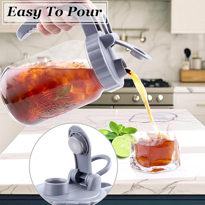 Mason Jar Pitcher 32 OZ With Pour Spout Lids Wide Mouth Breast Milk Pitcher 1 Quart Glass Milk Jug With Flip Cap Airtight & Leakproof Water Carafe For Fridge, Coffee, Iced Tea, Lemonade, Juice