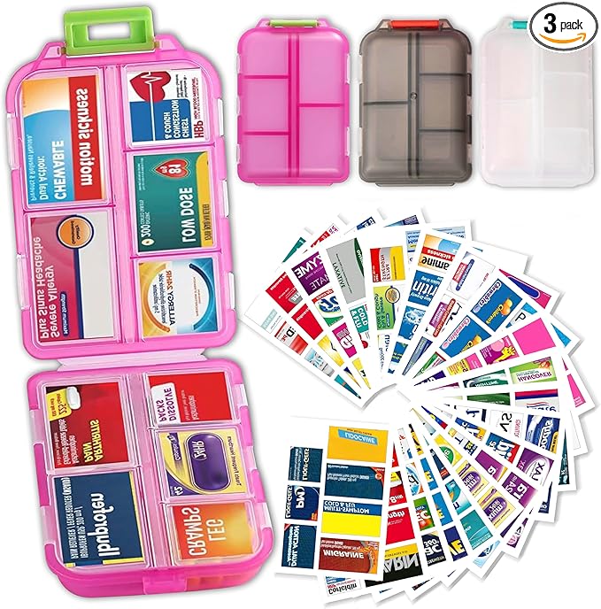 Pill Organizer with Medicine Labels, Travel Daily Pill Container, Mini Medication Organizer, 7-Day Pill Case, Set of 3 (Pink+White+Grey)