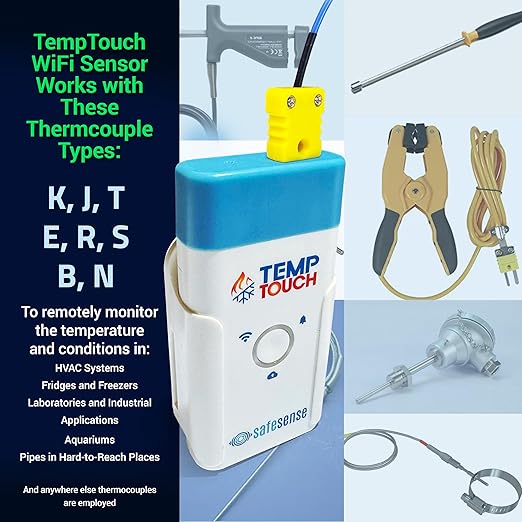TempTouch WiFi Thermocouple Sensor – Wireless Ambient & Probe Temperature & Humidity Monitor – Works with K, J, T, E, R, S, B, N Probes - App, Email and Text Alerts, Unlimited Data Logging