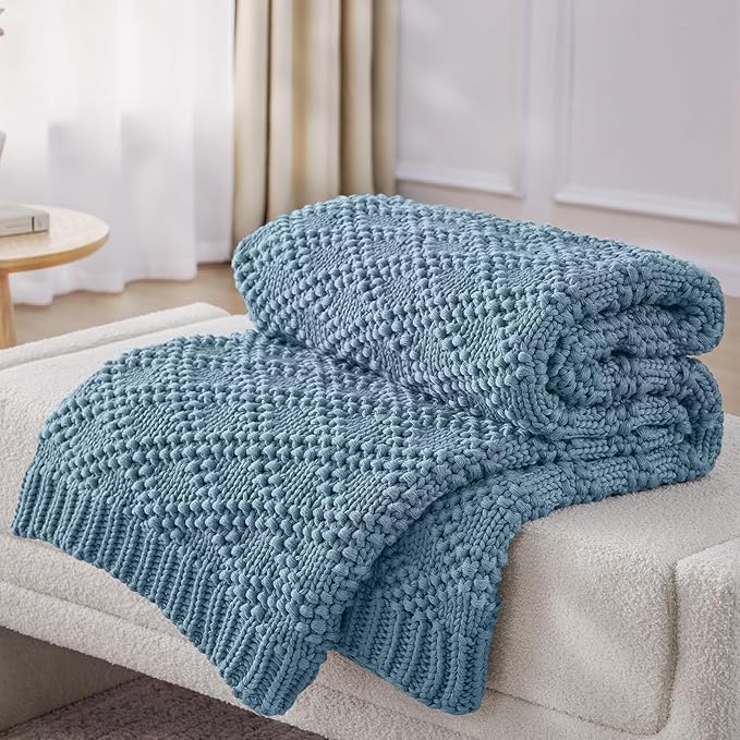 Knitted Weighted Blanket for Adult, Chunky Knit Weighted Throw for Sleep 50"*60" 10lbs, Cooling Breathable Heavy Blanket for Hot Sleepers, Machine Washable Blanket for Room Decor(HazeBlue)