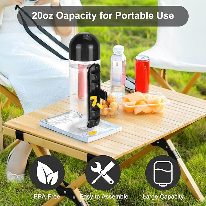 Medicine Box Water Cup,2 in 1 Water Bottle Medicine Box Storage Box,20 oz Daily Sports Water Bottle with Pill Box Organizer 7 Days Capsule Organizer, Black