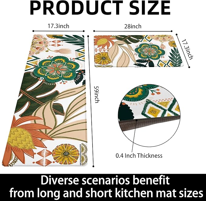 Boho Floral Kitchen Rugs Sets of 2 Anti Fatigue Cushioned Long Kitchen Mats for Floor Farmhouse Kitchen Rugs Non Slip Waterproof Mid Century Botanical Comfort Standing Mat for Sink Laundry