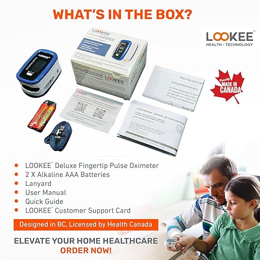 LOOKEE LK50D1 Deluxe Fingertip Pulse Oximeter - Finger SpO2 Blood Oxygen Saturation Monitor with Auto Rotate OLED Display Plethysmograph Waveform & Pulse Graph - Batteries Included