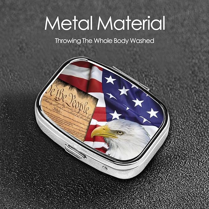 Pill Box 2 Compartment Medicine Pill Case,Portable Medicine Tablet Vitamin Holder Organizer for Purse Pocket Travel Gifts(1 Pack,American Flag Patriotic USA Bald Eagle and Book)