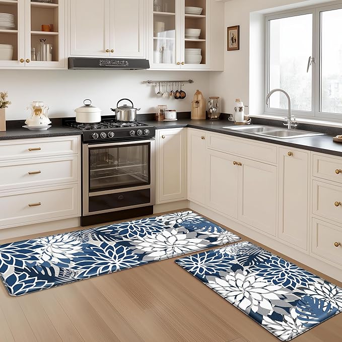 Kitchen Mats for Floor 2 Piece Cushioned Anti Fatigue Kitchen Mats Waterproof Non Slip Kitchen Mat Rug Set Comfort Foam Standing Mat for Sink, Laundry, Office, Blue Gray