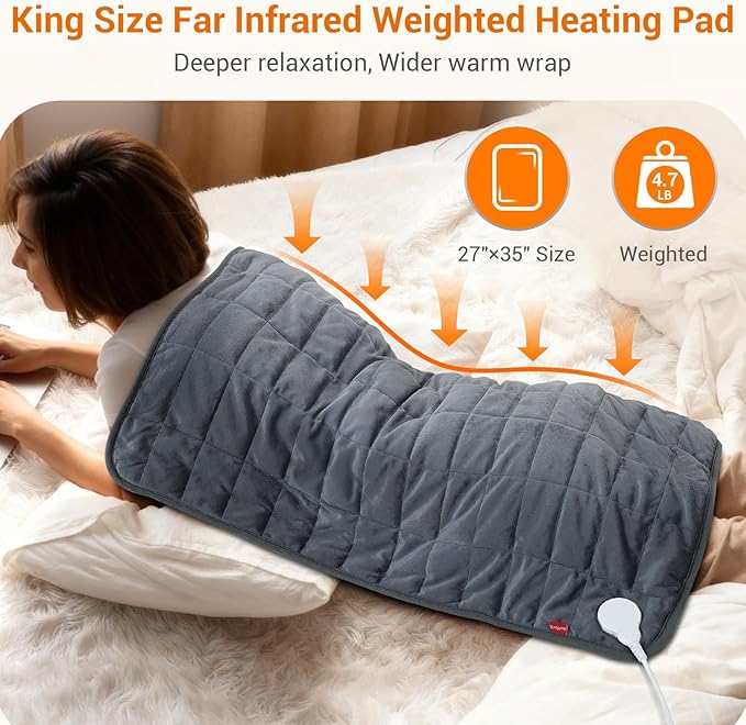 Comfytemp Far Infrared Large Heating Pad 27"×35" for Deeper Back & Period Relaxation, FSA Eligible Weighted Electric Heat Pad with Evenly Filling Ceramic Bead for Better Fit, HSA King Size Heated Pad