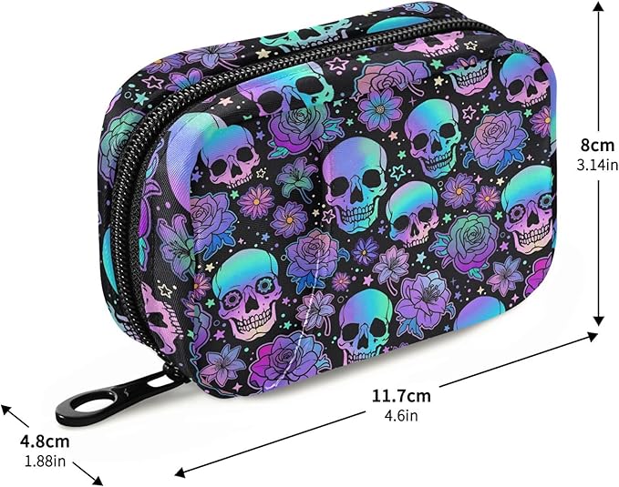 Travel Pill Organizer Bag Weekly Pill Organizer Case Goth Skulls Flowers Portable Small Daily Pill Boxes for Vitamin Fish Oils Supplement Holder with Zipper Compact Size