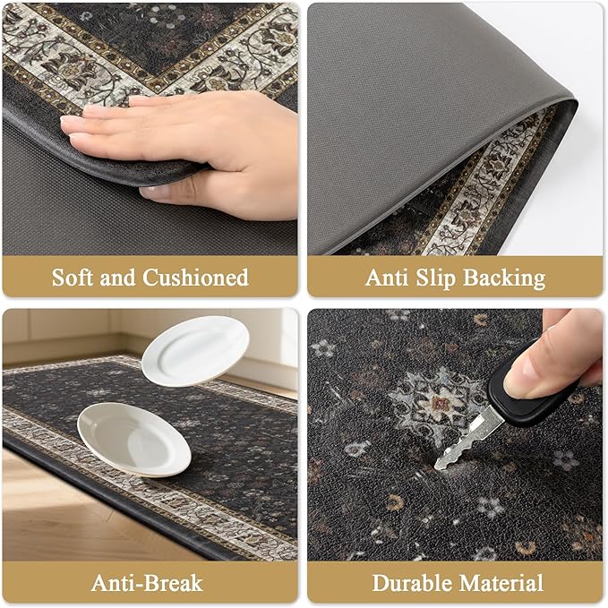 Pauwer Anti Fatigue Kitchen Floor Mats Set of 3, PVC Foam Padded Kitchen Rugs, Non Slip Cushioned Comfort Standing Mat, Waterproof Sink Rug for Small Kitchen Area, Laundry Room, Black