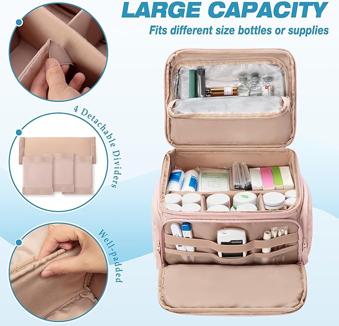 Medicine Organizer Bag with Insulated Pocket for Travel, Pill Bottle Storage Case with 4 Customized Dividers for Medication, Insulin and First Aid Supplies, Pink (Bag ONLY)