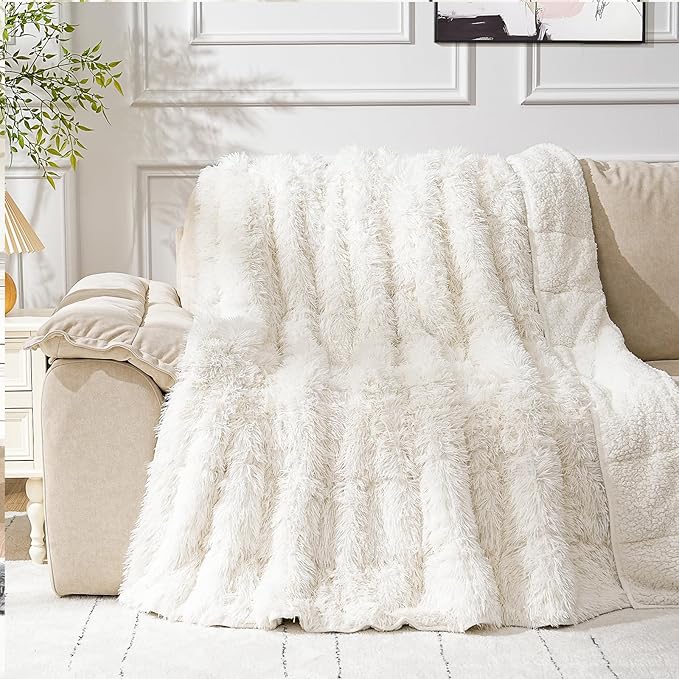 Cottonblue Fluffy Weighted Blanket 20lbs, Luxury Fuzzy Faux Fur Weighted Blanket Throw for Adults, Long Fur Shaggy Snugly Blanket Cosy Winter Blanket for Home Decor, 60"x80", Cream White