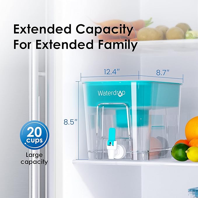Waterdrop 200-Gallon Long-Life 40-Cup Large Water Filter Dispenser with 1 Filter, Healthy Gift for Home and Office, 5X Times Lifetime, Reduces Chlorine, PFOA/PFOS and More, BPA Free, Turquoise