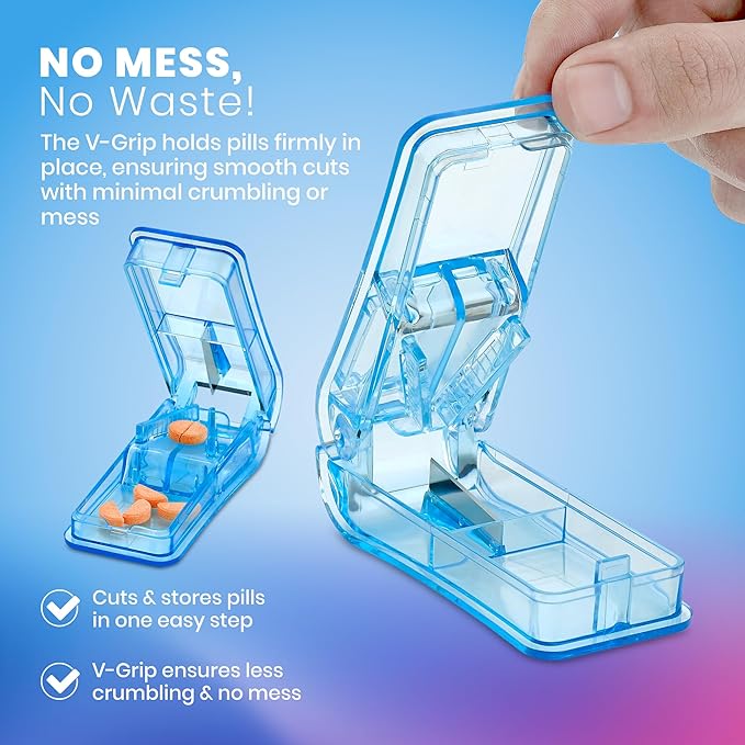 Pill Cutter - V- Grip Pill Crusher and Cutter for Vitamins, Big & Small Pills, and Medication - Transparent Pill Splitter with Pill Holder Case to Split (Bulk Case Pack of 100)