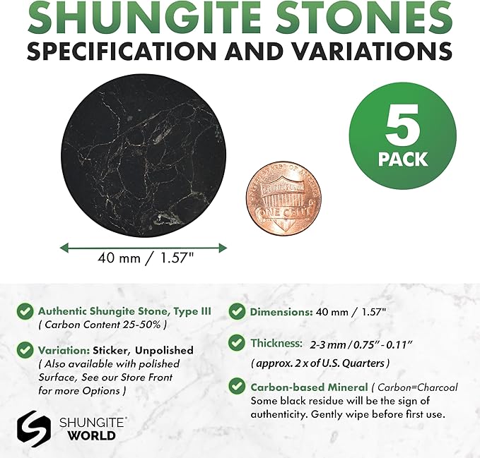 5 pcs Authentic Shungite Stickers Unpolished 40 mm / 1.57" Genuine Healing Energy Stone Protection Plate for Cell Phone Case Tablet Laptop Computer Noble Gemstone Protector Crystal