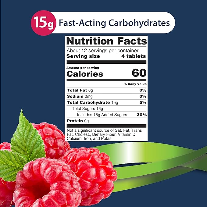 TRUEplus Glucose Tablets, Chewable, Raspberry Flavor, 15g Fast-Acting Carbohydrates, Fat Free, Gluten Free, Raise Low Blood Sugar and Boost Energy, 50 Count
