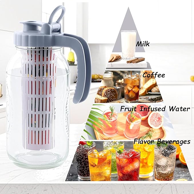 Mason Jar Pitcher With Fruit Infuser 2 Quart Water Pitcher With Pour Spout Lid 64 OZ Wide Mouth Glass Carafe Airtight For Milk, Fruit Infused Water, Iced Tea, Lemonade, Cocktail, Cold Brew Coffee
