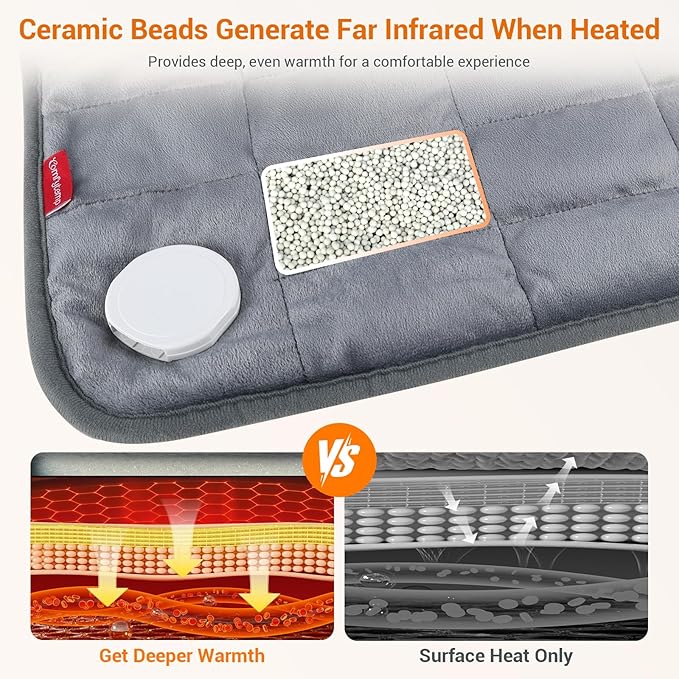 Comfytemp Far Infrared Large Heating Pad 17"×33" for Deeper Back & Period Relaxation, FSA Eligible Weighted Electric Heat Pad with Evenly Filling Ceramic Bead for Better Fit, HSA King Size Heated Pad