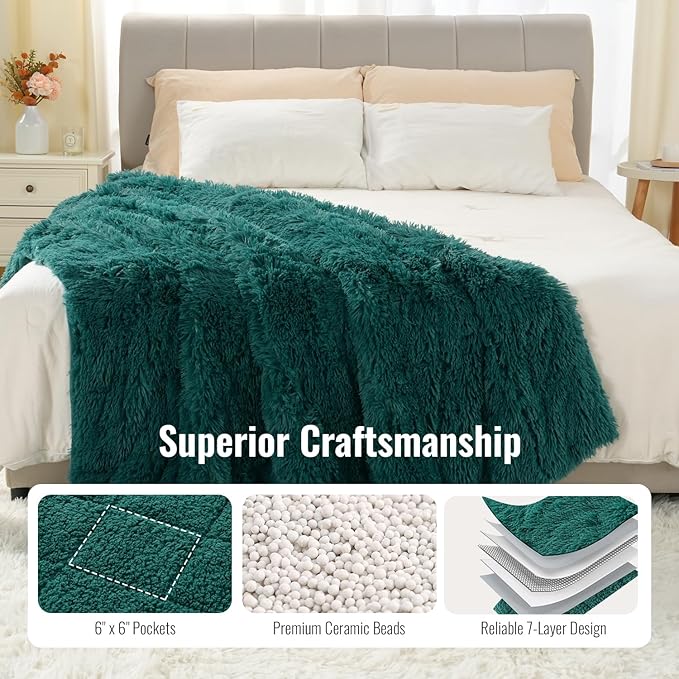 Uttermara Weighted Blanket Queen Size 15 Pounds for Adults, Sherpa Faux Fur Heavy Blanket for Couch Bed, Soft Plush Fleece & Cozy Sherpa Reverse, Luxury Long Fur Throw Blankets, 60"x80", Forest Green