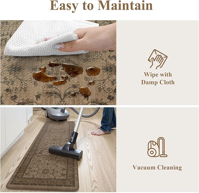 KIMODE Comfort Kitchen Floor Mats Cushioned Anti Fatigue,Boho Farmhouse Rugs for Floor Sets of 2,Memory Foam Ergonomic Kitchen Mat Non Slip for Laundry Office Bathroom Decor,Brown