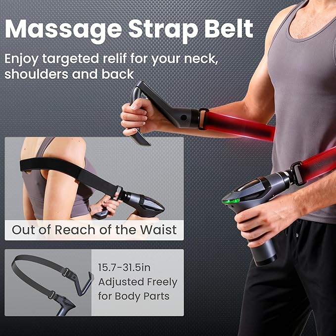 3-in-1 Detachable Percussion Massage Gun with Extension Handle & Massage Strap, Muscle Massage Deep Tissue for Back,Neck,Shoulder Pain Relief, Portable&Quiet for Travel Gym Office-12 Speeds & 4 Heads
