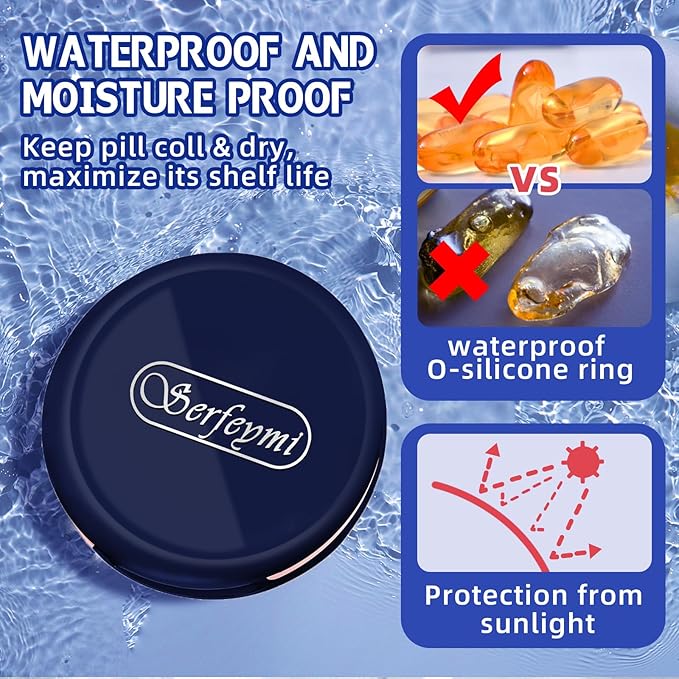 Serfeymi Small Pill Case for Purse, Unique Artistic Patterns Travel Pill Box with 4 Compartments, Portable Mini Pill Organizer for Pocket, Decorative Pill Container for Purse - Dark Blue(Logo)