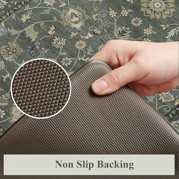 KIMODE Comfort Kitchen Mats for Floor Cushioned Anti Fatigue,Boho Vintage Kitchen Rugs Sets of 2 Non Slip,Memory Foam Kitchen Floor Mat Carpet for Laundry Office Home Decor,Dark Green