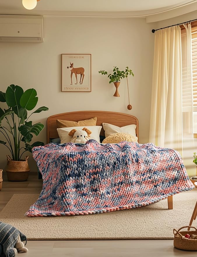 YnM Weighted Blanket, Handmade Chunky Knitted Design, Soft and Cozy, Temperature Regulating and Breathable, Machine Washable Throw for Sleep or Home Decor (Pink Sky Tie-Dyed, 40x50 Inch, 7lbs)