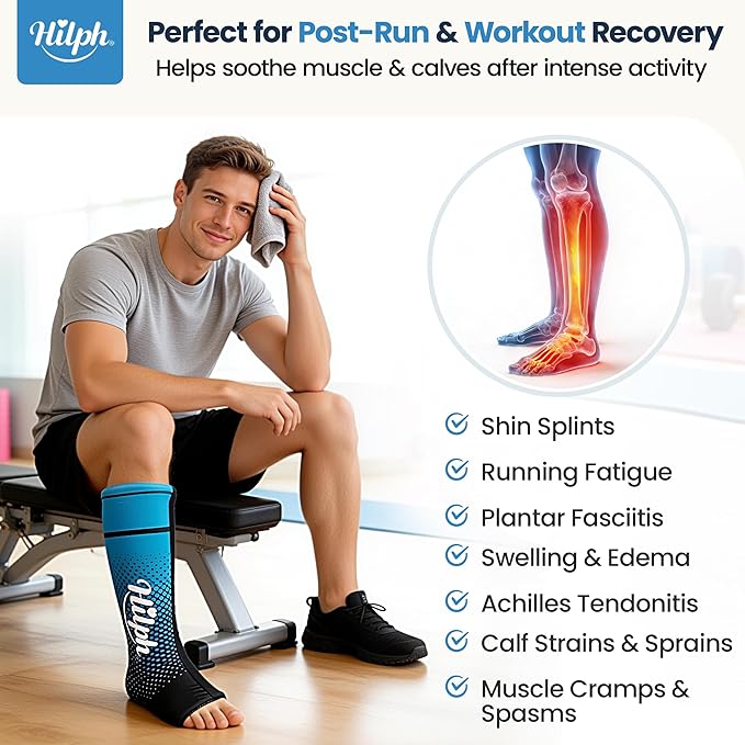 Hilph Full Calf & Foot Ice Pack Wrap for Running Recovery, Extended Leg Foot Cold Compression Therapy Sock Sleeve for Shin Splints Pain Relief, Reduce Swelling, Muscle Recovery After Exercise