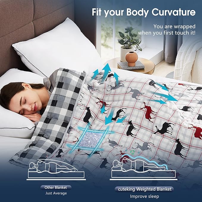 CuteKing Weighted Blanket for Adults(15lbs, 48"x72", Deer) Heavy Blanket for 140-150lbs, Weighted Blanket for Cooling & Heating with Premium Glass Beads, Soft Thick Blanket for Adult All-Season