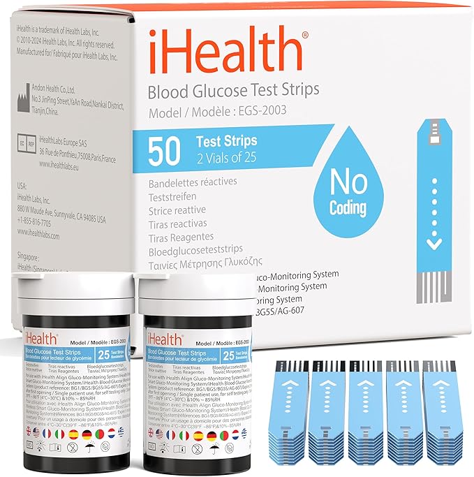 iHealth Blood Glucose Test Strips (50 Count), No Coding Blood Sugar Test, Precision Sugar Measurement for Diabetics, Strips Work Only in iHealth Glucose Meters