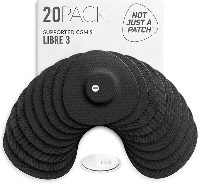 Not Just A Patch Freestyle Libre 3 Plus Sensor Covers (20 Pack) – Breathable, Sweatproof & Secure Hold – Precision-Cut Hole for Ventilation, Enhanced Adhesion & Gentle Support – 10-14 Day Wear - Black