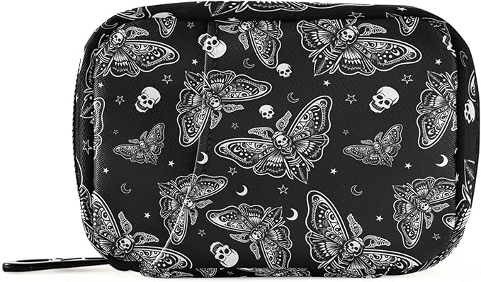 Travel Pill Organizer Bag Weekly Pill Organizer Case Goth Moth Skull Moon Esoteric Portable Small Daily Pill Boxes for Vitamin Fish Oils Supplement Holder with Zipper Compact Size