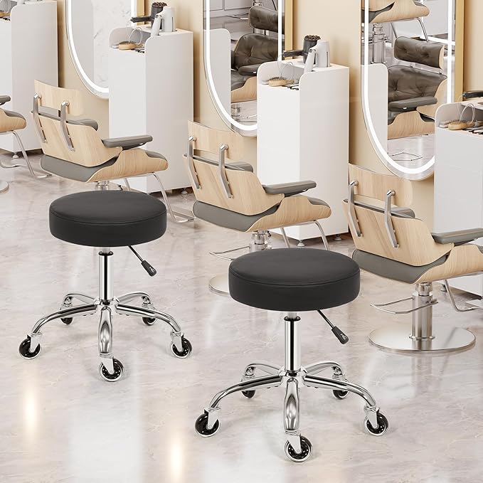ANWBROAD Round Rolling Stool with Wheels Height Adjustment 360° Swivel Stool Heavy Duty Wide Chair PU Leather Soft Seat Cushion for Massage, Salon, Bar, Home, Office, Tatoo, Medical, Black UWSC001B