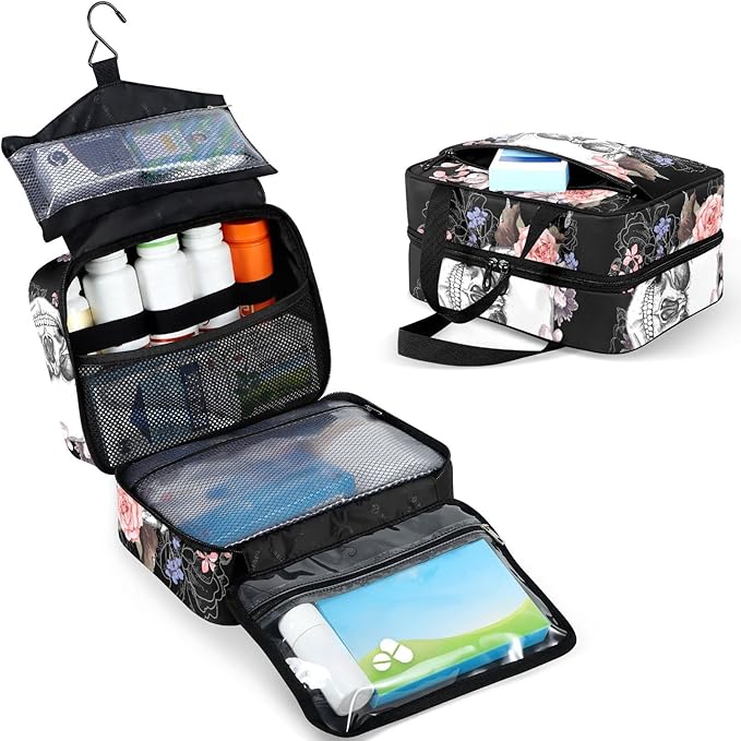 Naanle Pill Organizer Bag Travel Pill Bottle Medicine Organizer Home Storage Medication Bag for Vitamin Supplements, Watercolor Flower Skull Empty First Aid Bag for Car Camping