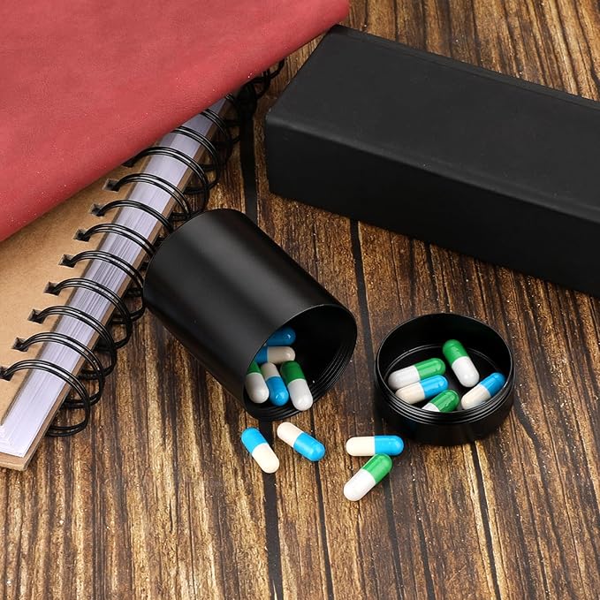 Portable Metal Small Pill Case, Round Alloy Pill Holder Pocket Small Pill Box Waterproof Medicine Organizer Bottle Container for Travel Outdoor Vitamin Fish Oils (Black)