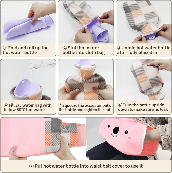 Hot Water Bag, Hot Water Bottle with Waist Cover for Menstrual Cramps, Pain Relief, Warm Water Pouch with Soft Plush Hand Waist Warmer Cover