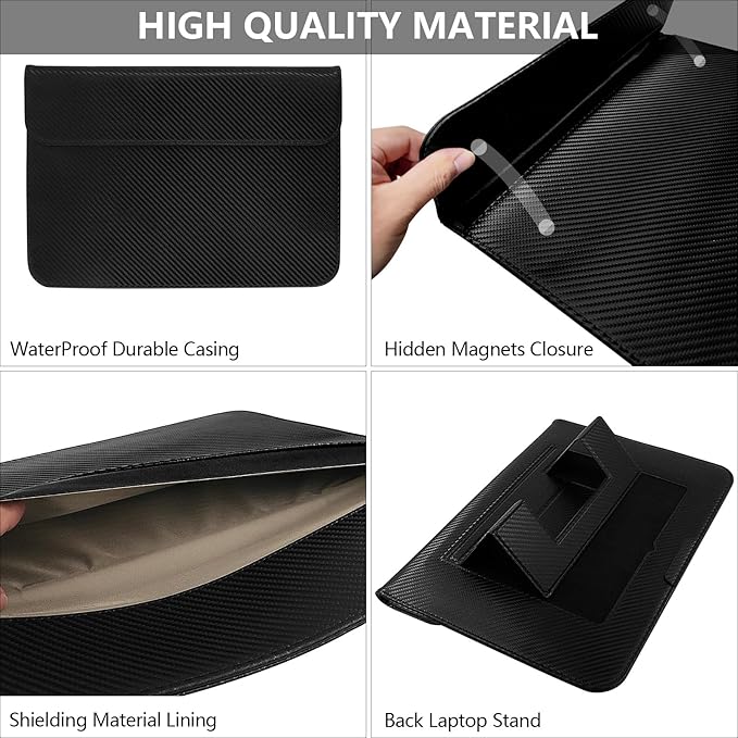 JXE JXO Faraday Bag for Laptops & Tablets, 14 Inch Laptop Sleeve Case with Laptop Stand, 2 Stand Modes, Slim Waterproof PU Leather Sleeve Cover Anti-Tracking Signal Blocking Pouch, Black