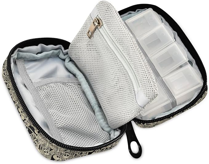 Fun Skull Pill Box 7 Day Pill Case Travel Pill Organizer Bag with Zipper Portable Weekly Vitamin Medicine Supplement Holder Pouch Bag
