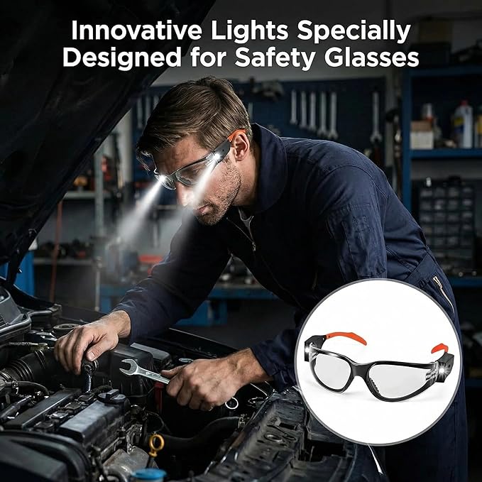 Rechargeable LED Safety Glasses for Mechanics | Ultra-Bright Built-in Work Light, Anti-Fog Clear Lenses | for Auto Repair, Under-Hood & Dark Workspaces
