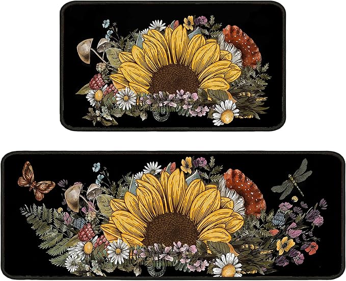 Sunflower Kitchen Rugs 2 Piece Set for Floor Mat, Non Skid Washable Absorbent Microfiber Sunflower Kitchen Mat for in Front of Sink for Standing for Home Sunflower Kitchen Decor 17"X30"+17"X47"