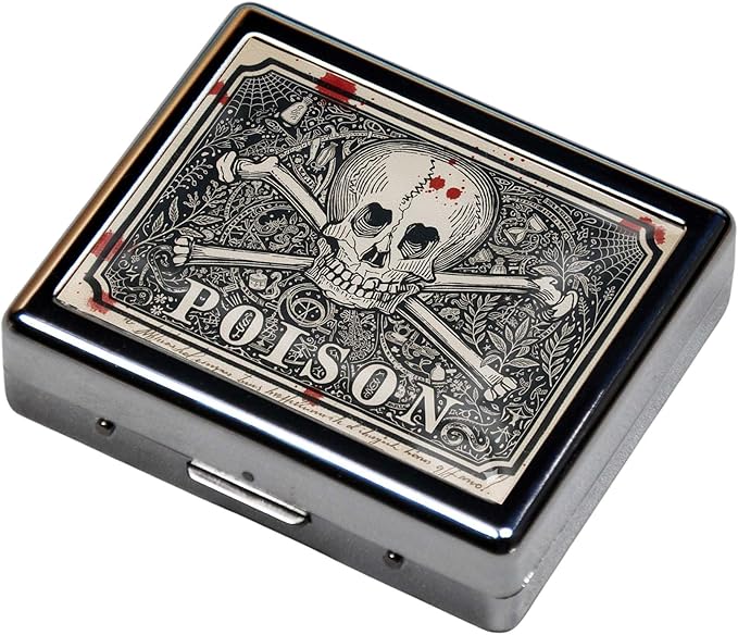 Pill Organizer Box with Mirror,8 Compartment Chrome Pill Case, Pocket-Size Travel Pill Container for Vitamins, Seniors, Daily Use,Rectangle 7 Days Pill Box Pill Case (The Grey Skeleton)