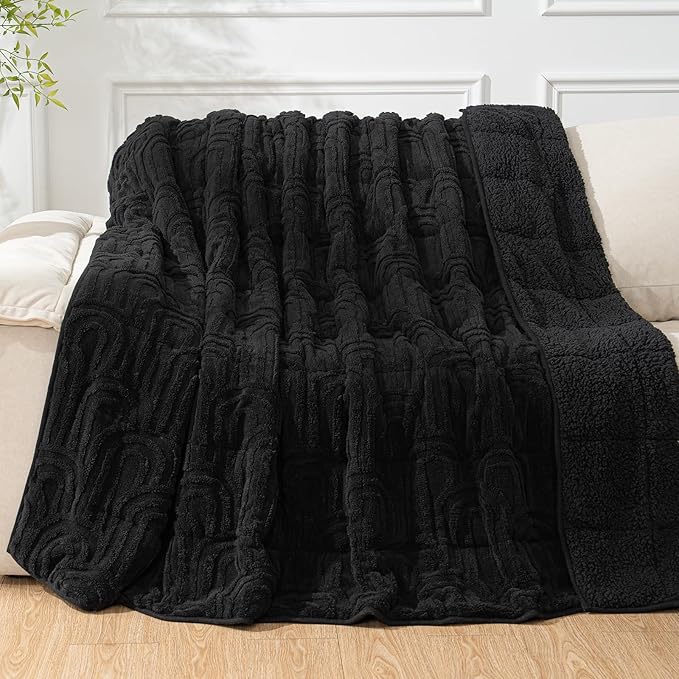 Cottonblue Jacquard Weighted Blanket for Adults 20 lbs Queen Size, Cozy Fluffy Sherpa Fleece Weighted Throw Blankets 60" x 80" for Sleep Relax, Fuzzy Warm Arch Heavy Blanket Soft for Bed Couch, Black