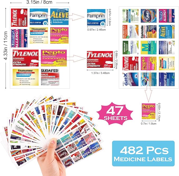 482Pcs Medicine Stickers for Pill Organizers, Quality Travel Daily Medication Organizer Stickers of Brands, 47 Sheets Pill Box Lables Stickers