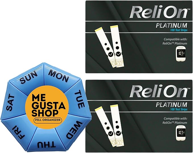 ReliOn Platinum Blood Glucose Test Strips,100 Count 200 Total Pack of 02 Includes Me Gustas Pill Organizer 7 Days.