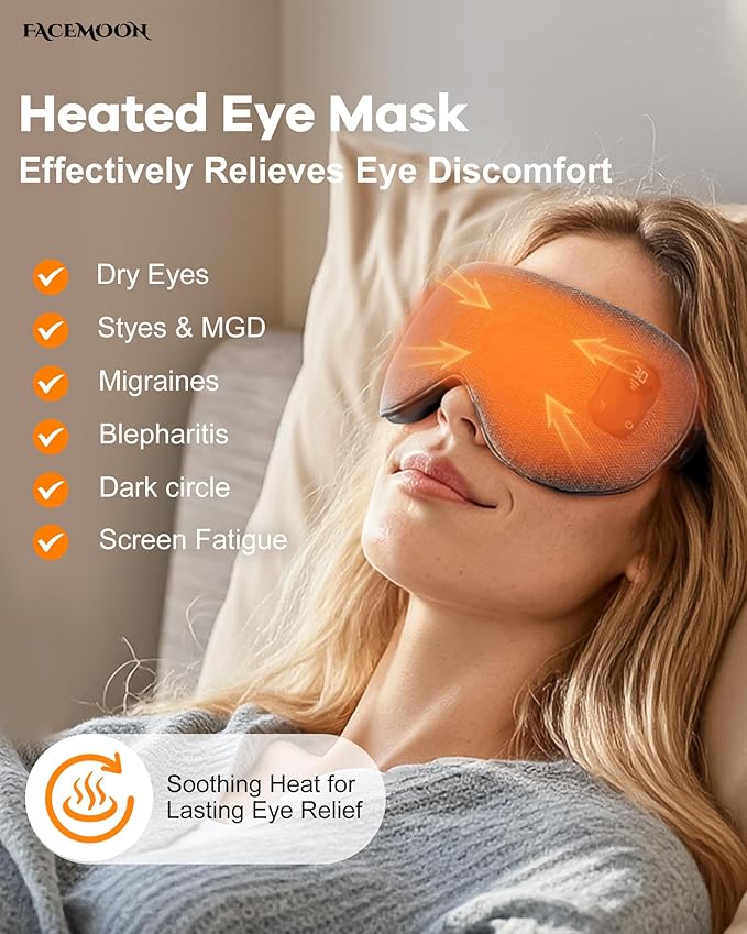 FACEMOON Heated Eye Mask for Dry Eyes: Electric Warm Compress for Blepharitis Stye Tired Eyes - Cordless Heat Relief Heating - Stable Temp 1500 Mah Rechargeable Washable Gray