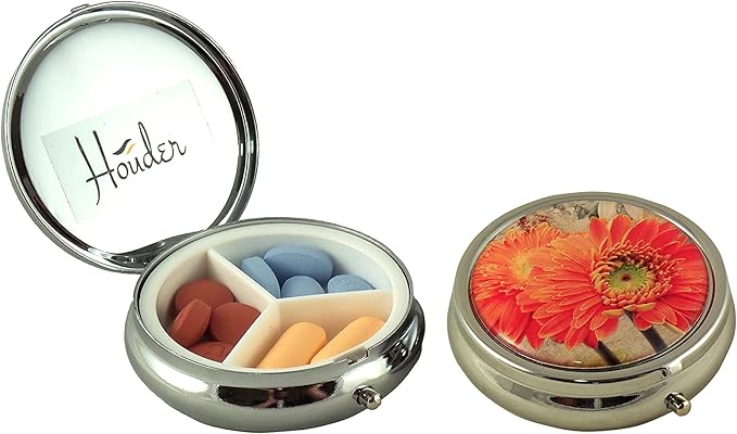 Designer Pill Box by Houder - Decorative Pill Case with Gift Box - Carry Your Meds in Style (Orange Daisy)