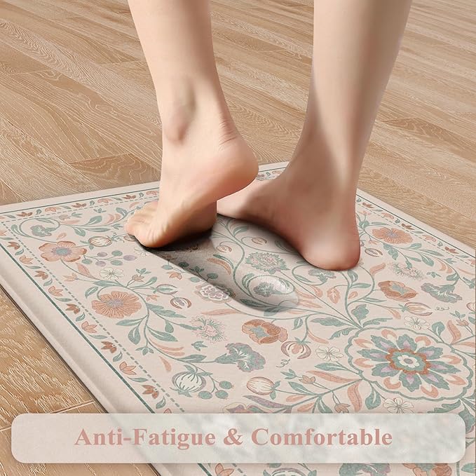 KIMODE Comfort Kitchen Mats Cushioned Anti Fatigue,Boho Floral Kitchen Rugs Sets of 2 Non Slip,Padded Memory Foam Ergonomic Standing Carpet for Laundry Sink Office,Pink