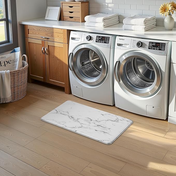 Marble White Kitchen Mats for Floor Anti Fatigue Mats for Kitchen Floor Kitchen Rugs Abstract Art Decorative Cushioned Non Slip Waterproof Mats for in Front of Sink for Office Bedroom Laundry