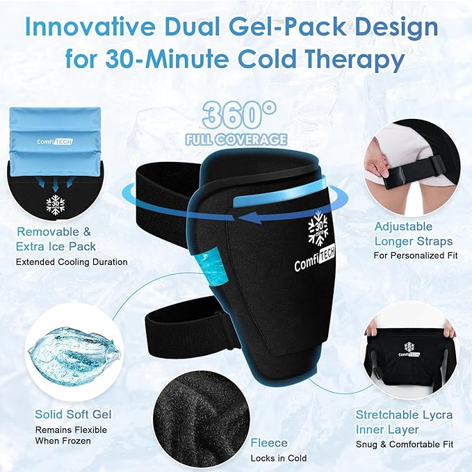 ComfiTECH Dual-Gel XL Hip Ice Pack Wrap with Extended 30-Minute Cooling, Detachable Reusable Cold Pack & Flexible Gel Ice Wrap for Hip Replacement Recovery, Sciatic Nerve, Hip Flexor Discomfort