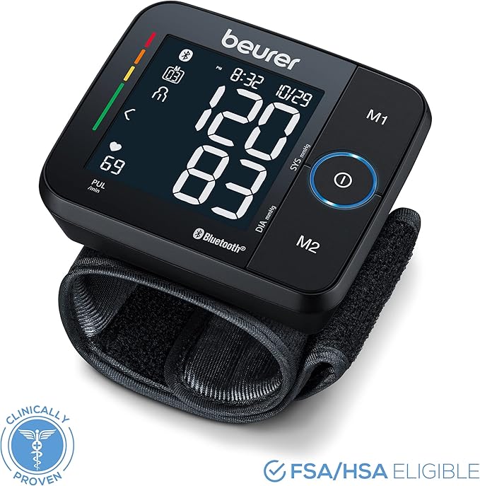 Beurer BC54 Wrist Blood Pressure Monitor with Bluetooth, Irregular Heartbeat Detector, Risk Indicator, Accurate Large Display, and Travel Case, Wrist Cuff up to 120 Memory Sets