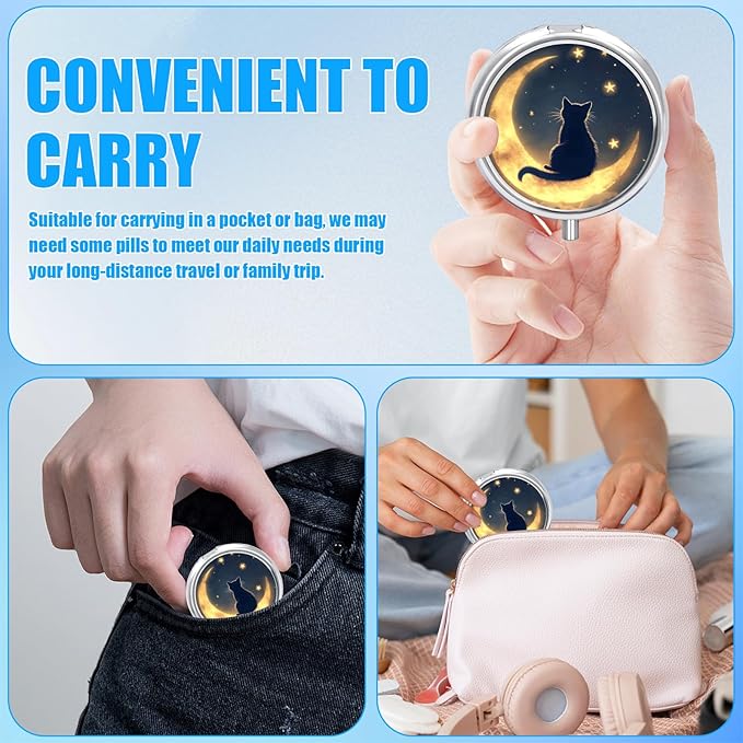 Night Cat Moon Pill Case, Pill Box 3 Compartments Metal Small Pill Holder with Mirror Mini Travel Pill Container for Purse Pocket Women Men